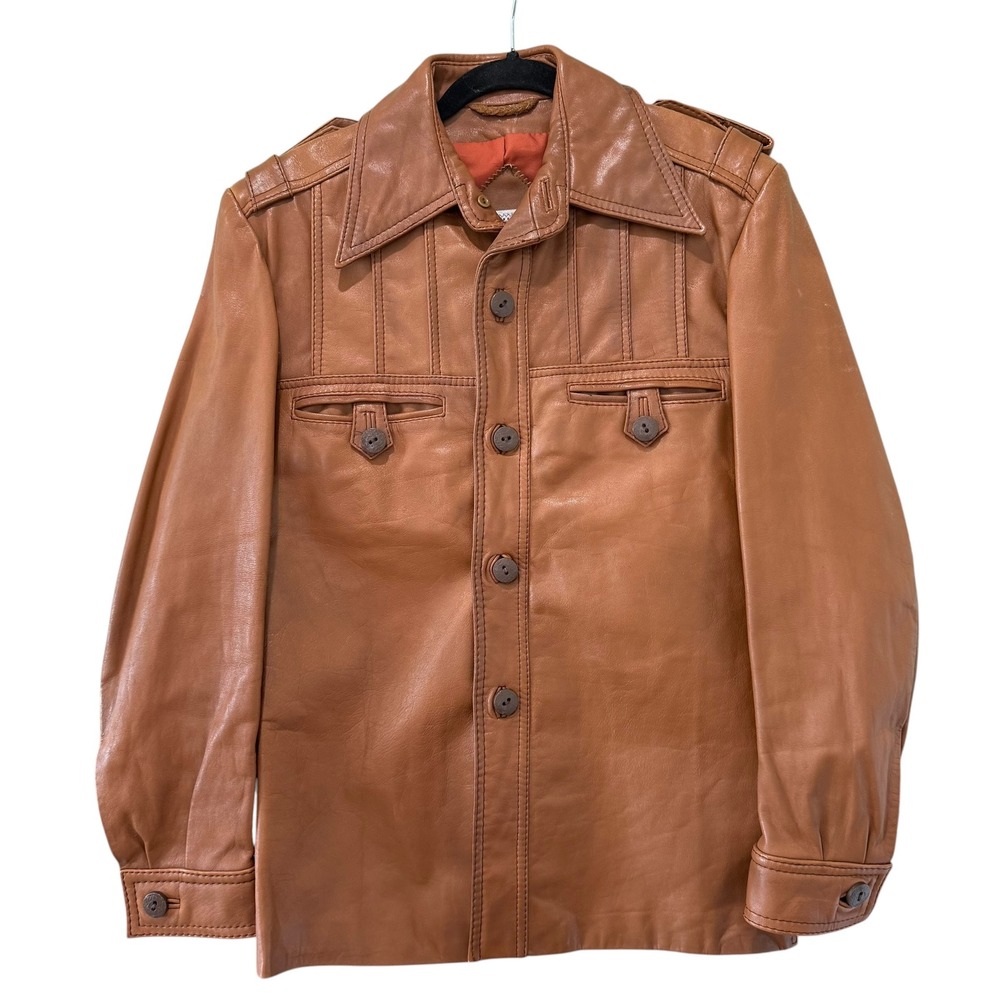 Vintage Wilsons House of Suede Brown Leather Shirt Jacket 70s Mens 38 Cognac